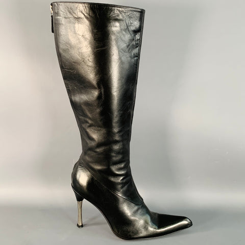 LES COPAINS Size 7 Black Silver Leather Back Zipper Calf High Stiletto Boots
