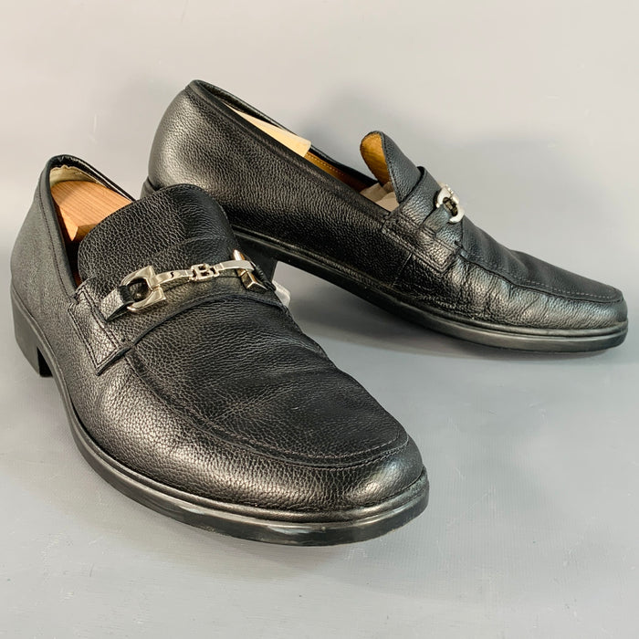 BALLY Size 12 Cadore Black Silver Tone Pebble Grain Leather Horsebit Loafers