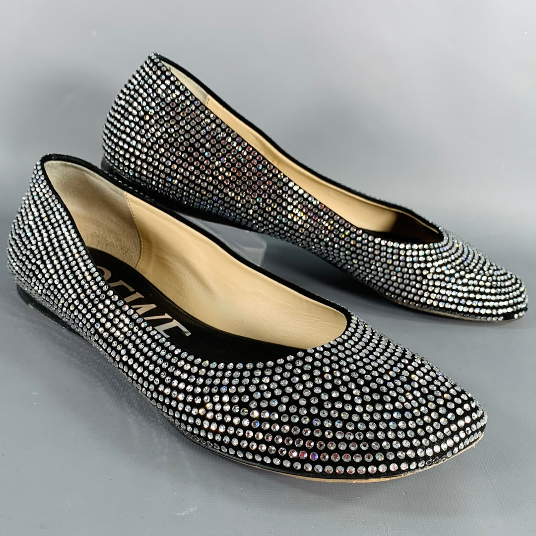 LOEWE Size 11 Silver Black Rhinestone Studded Ballet Flats