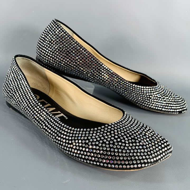 LOEWE Size 11 Silver Black Rhinestone Studded Ballet Flats
