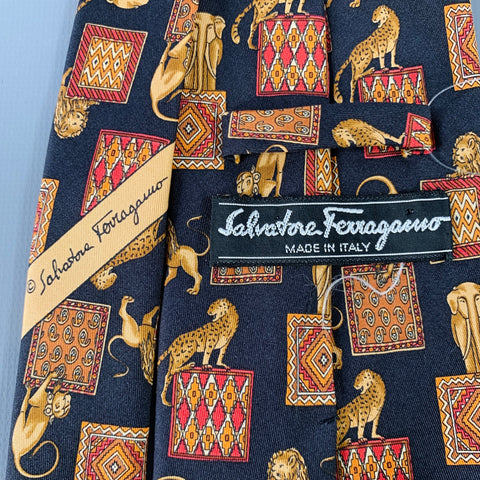 SALVATORE FERRAGAMO Black Gold Burgundy Animals Silk Tie