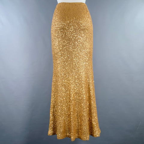 DONNA KARAN Size S Gold Cashmere Silk Sequined Elastic Waistband Maxi Skirt