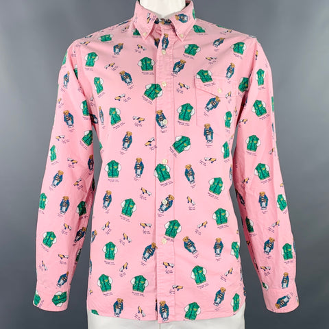RALPH LAUREN Size L Pink Green Bears Cotton One Pocket Long Sleeve Shirt