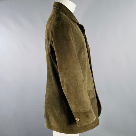 LORO PIANA Size M Green Olive Suede Zip Buttons Coat
