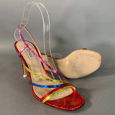ATTICO Size 7 Red Multi Color Leather Snake Embossed Strappy Sandals