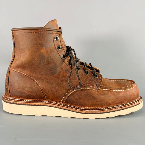 RED WING Size 9.5 Classic Moc Brown Contrast Stitch Leather Lace-Up Boots