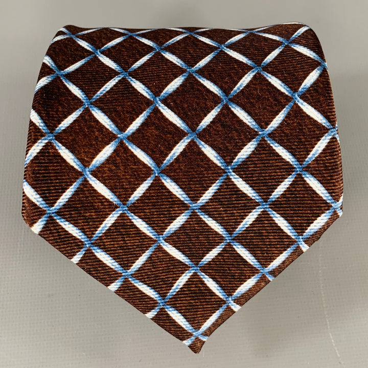BVLGARI Brown Blue Window Pane Silk Tie