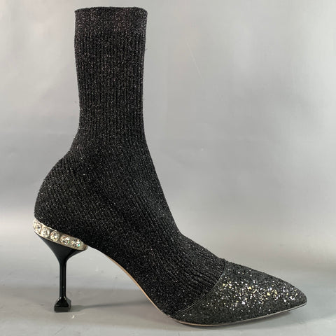 MIU MIU Size 10 Black Silver Lurex Glittered Pointed Toe Boots