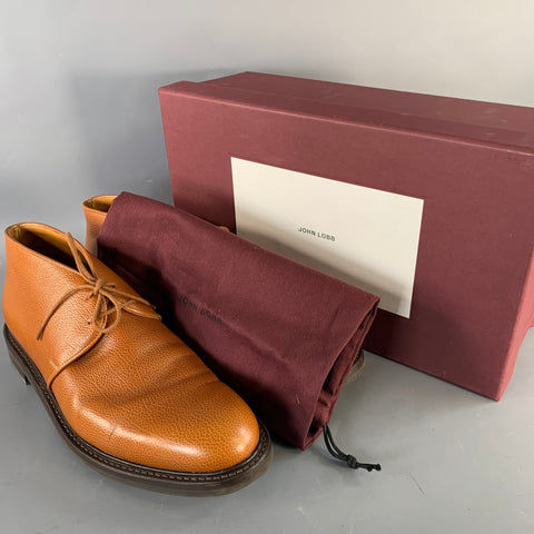 JOHN LOBB Size 8.5 Grove Brown Pebble Grain Leather Lace-Up Chukka Boots