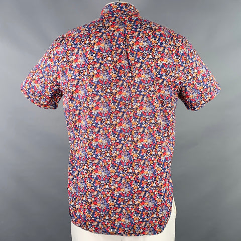 J.CREW Size L Blue Orange Floral Cotton One Pocket Short Sleeve Shirt