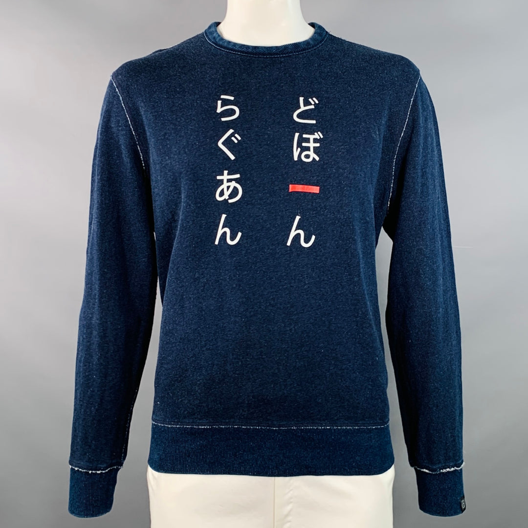 RAG BONE Size L Indigo White Red Graphic Print Cotton Crew Neck Sweater