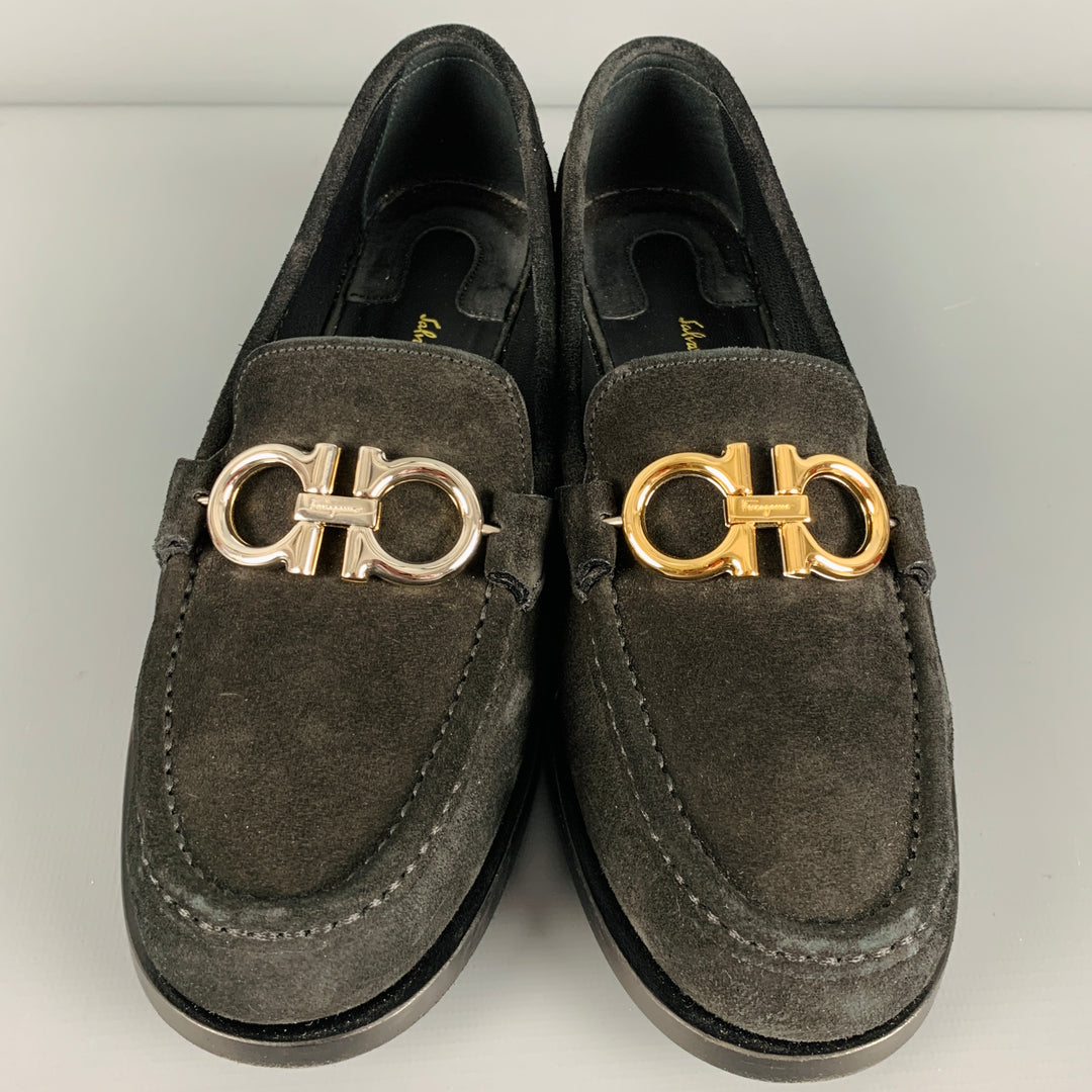 SALVATORE FERRAGAMO Size 6.5 Black Silver Gold Suede Loafer  display picture 1