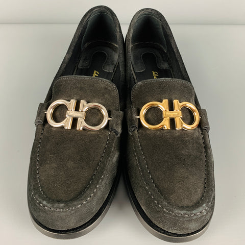 SALVATORE FERRAGAMO Size 6.5 Black Silver Gold Suede Loafer Flats