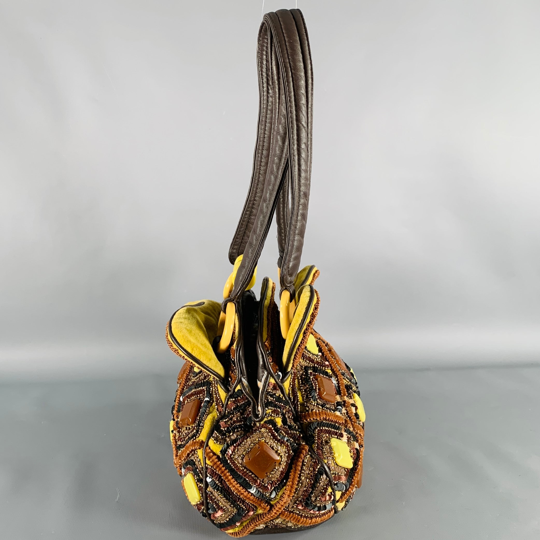 JAMIN PUECH Brown Yellow Beaded Cotton Leather Handbag – Sui