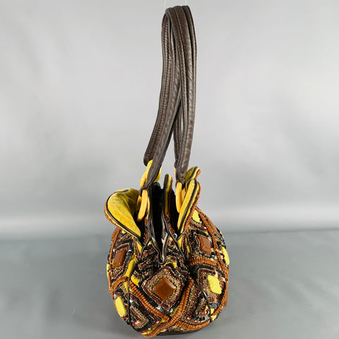 JAMIN PUECH Brown Yellow Beaded Cotton Leather Handbag