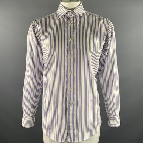 ETRO Size XL White Purple Navy Stripe Cotton Long Sleeve Shirt