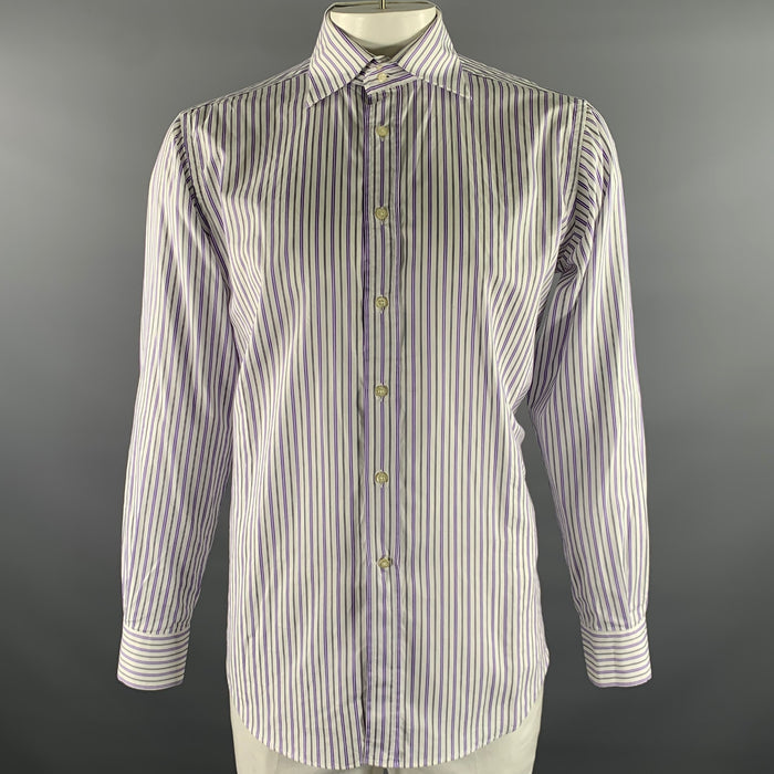 ETRO Size XL White Purple Navy Stripe Cotton Long Sleeve Shirt