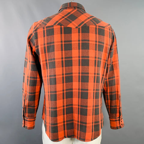 POLO by RALPH LAUREN Size L Orange Black Plaid Cotton Snaps Western Long Sleeve Shirt