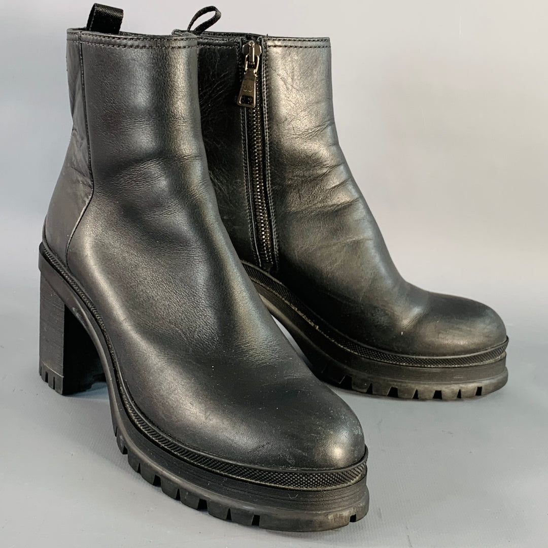 PRADA Size 6 Black Leather Tread Sole Stacked Heel Boots