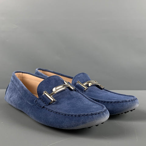 TOD'S Zapatos planos para conductores de gamuza azul plateado talla 11