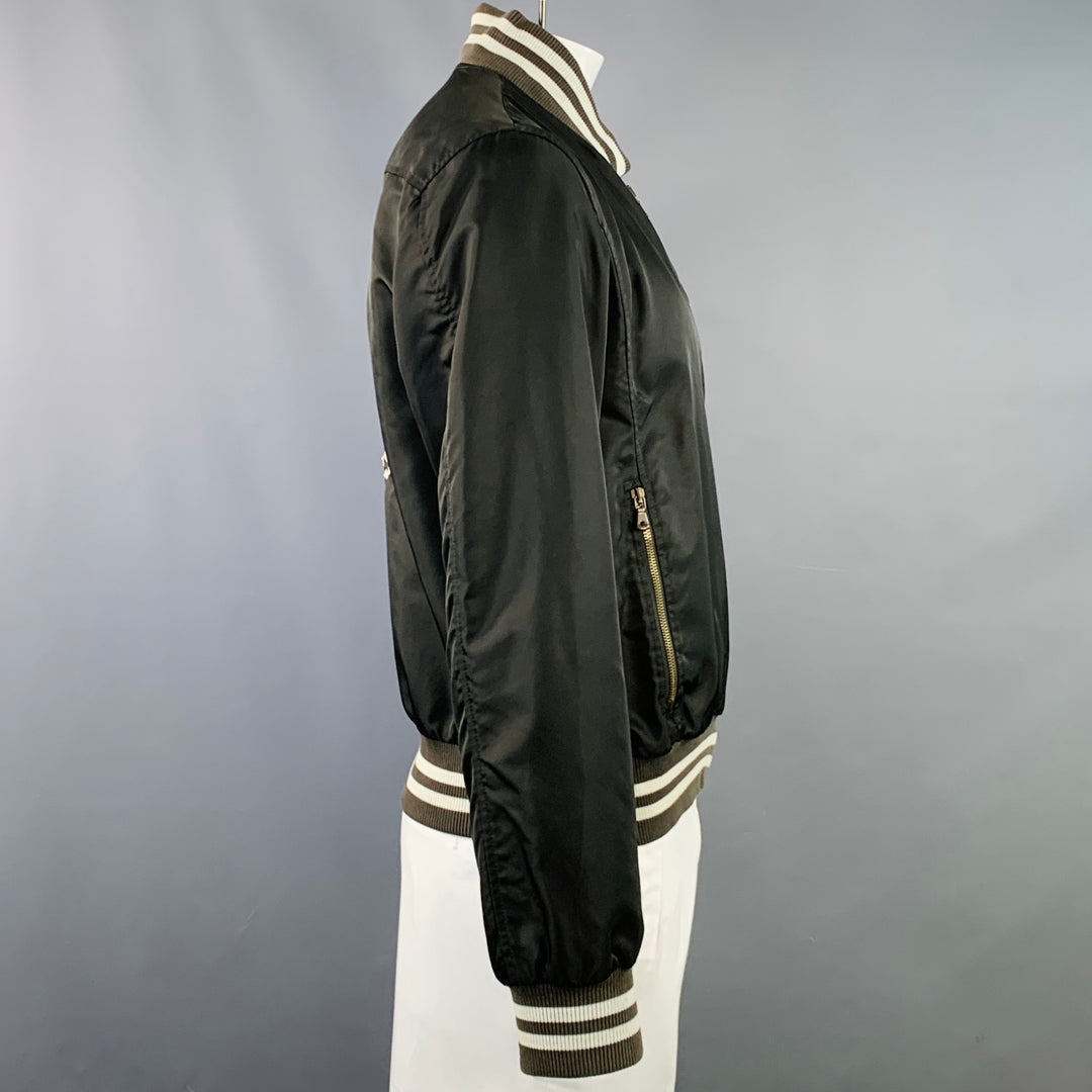 DOLCE & GABBANA Size L Black Brown Cream Nylon Zip Up Bomber Jacket