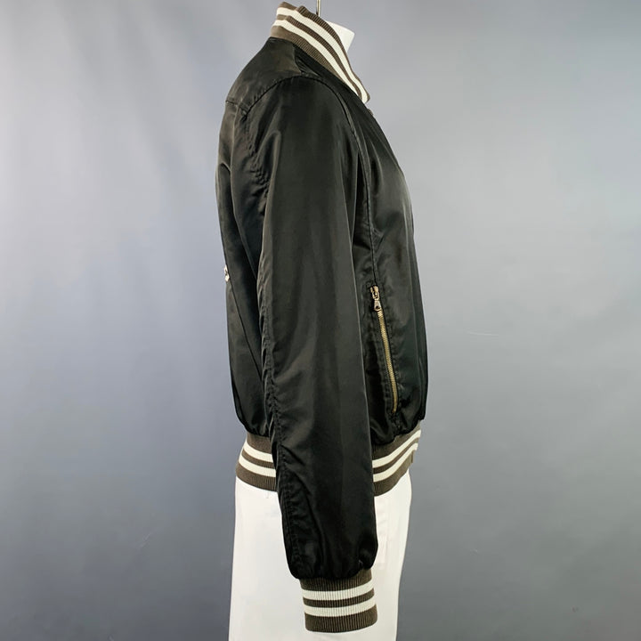 DOLCE & GABBANA Size L Black Brown Cream Nylon Zip Up Bomber Jacket