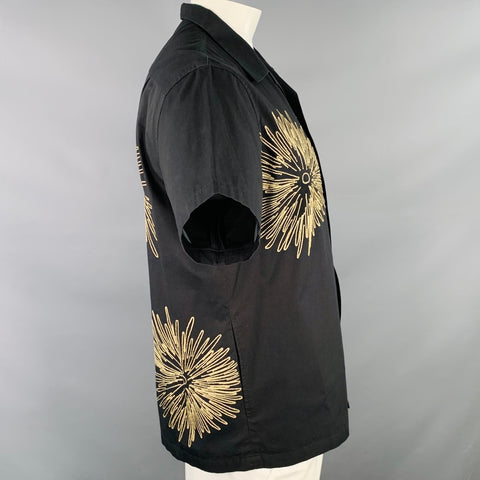 SASQUATCHfabrix Size XL Black Gold Embroidery Cotton Linen Short Sleeve Shirt