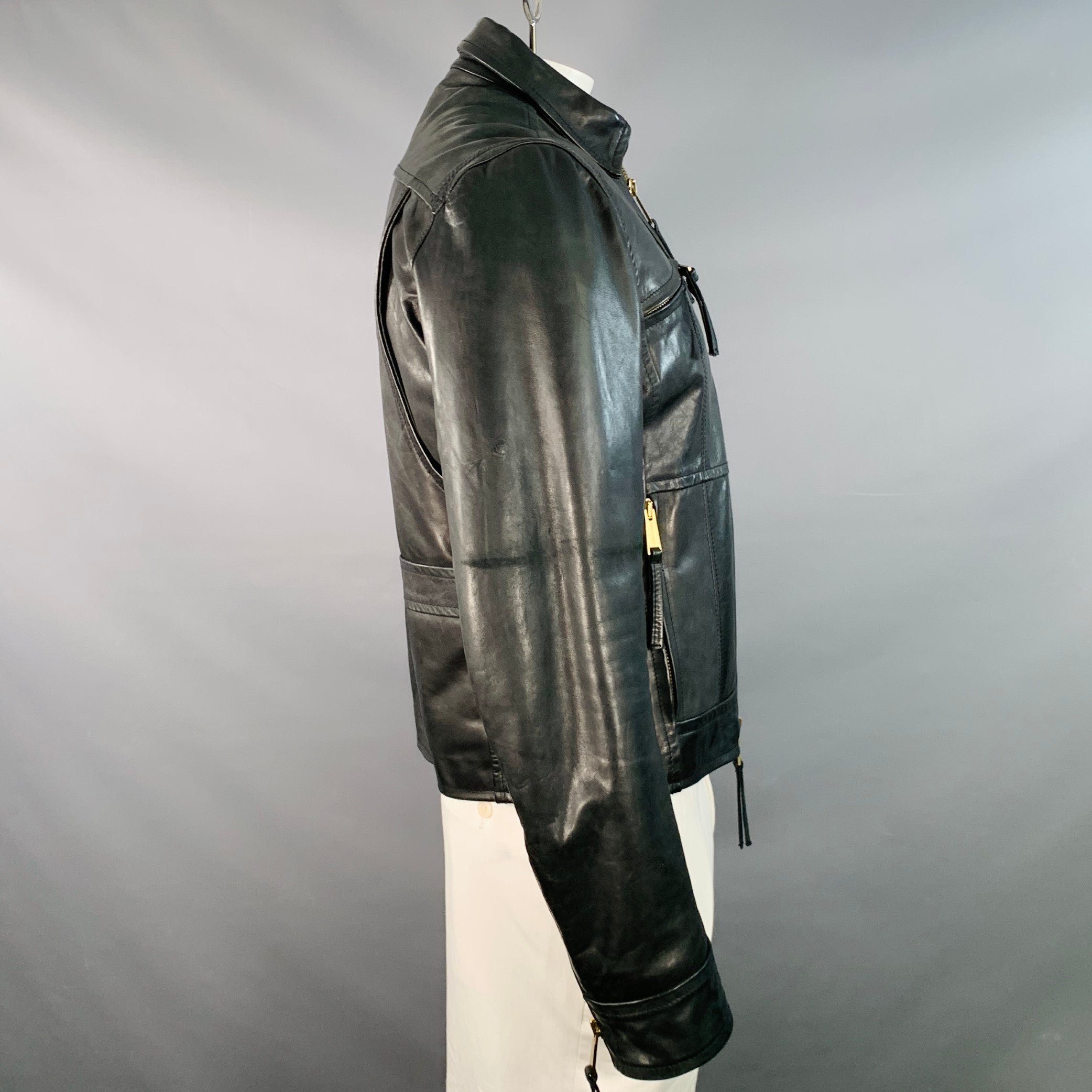 DSQUARED2 Size 44 Black Leather Zip Up Motorcycle Jacket – Sui