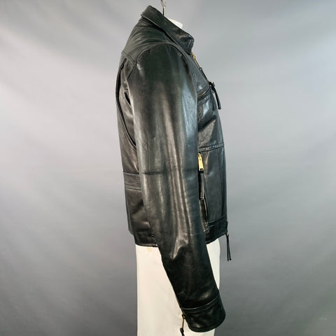 DSQUARED2 Size 44 Black Leather Zip Up Motorcycle Jacket