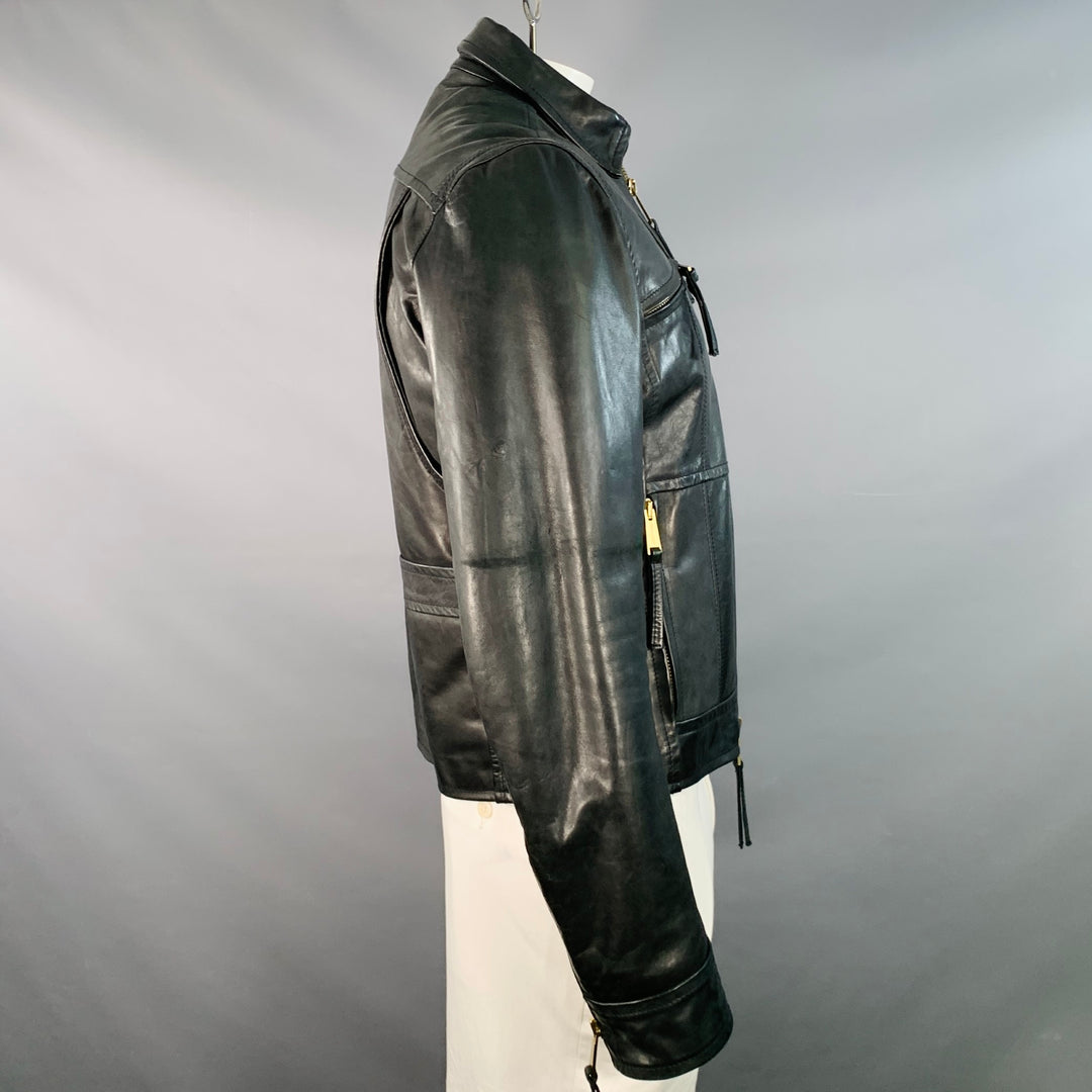 DSQUARED2 Size XL Black Leather Zip Up Motorcycle Jacket