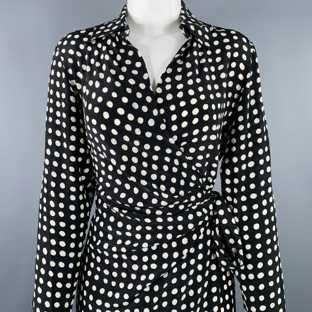 MAX MARA Size 4 Black White Silk Polka Dot Wrap Dress