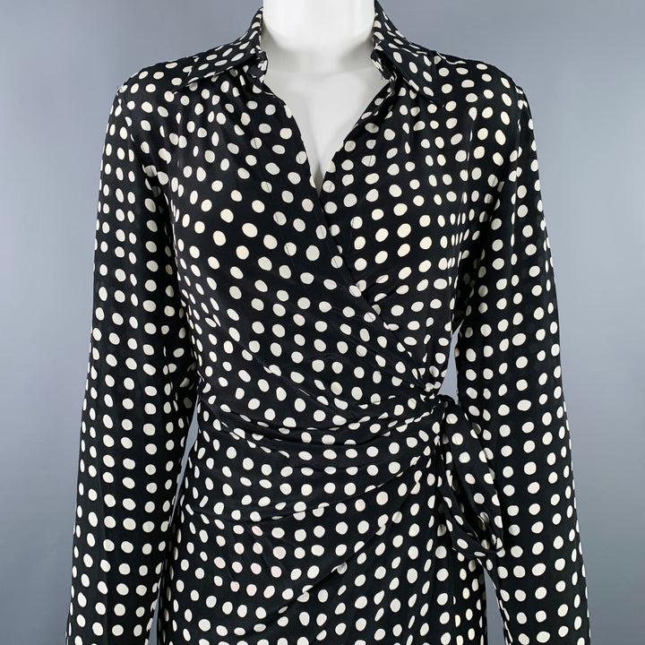 MAX MARA Size 4 Black White Silk Polka Dot Wrap Dress