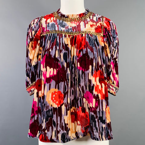 ULLA JOHNSON Size 2 Multi Color Velour Abstract Floral Beaded Blouse