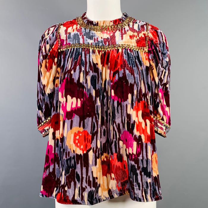 Chemisier ULLA JOHNSON Taille 2 en velours multicolore à motifs floraux abstraits et perles