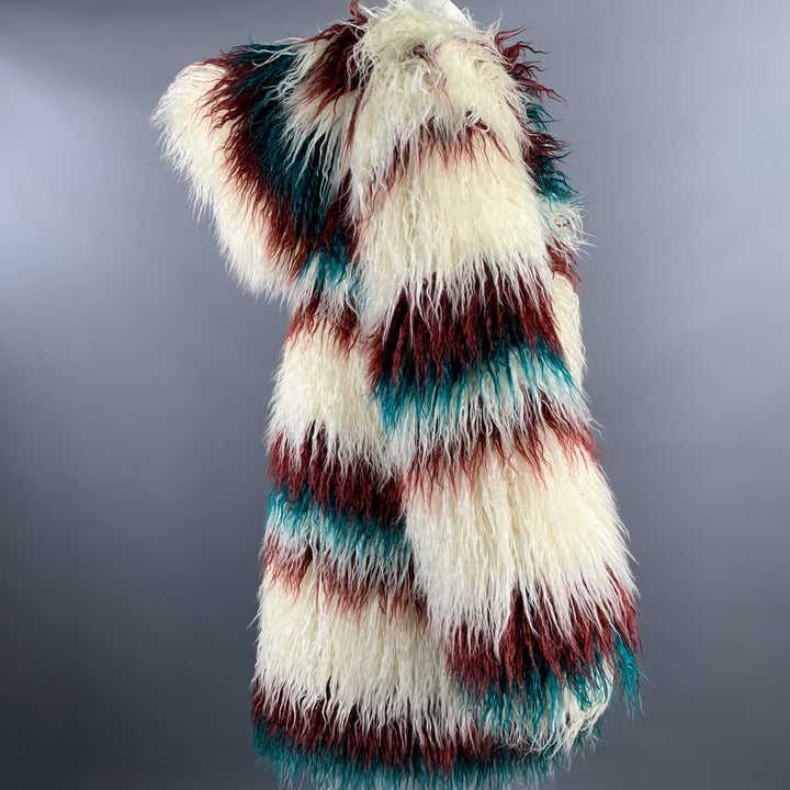 FRIED RICE One Size White Burgundy Teal Stripe Polyester Faux Fur Coat