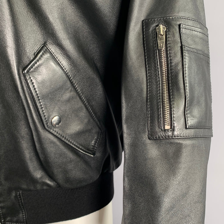 CELINE Size M Black Leather Bomber Jacket
