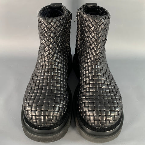 BOTTEGA VENETA Size 8 Black Mini Lido Weave Lug Woven Leather Side Zipper Boots