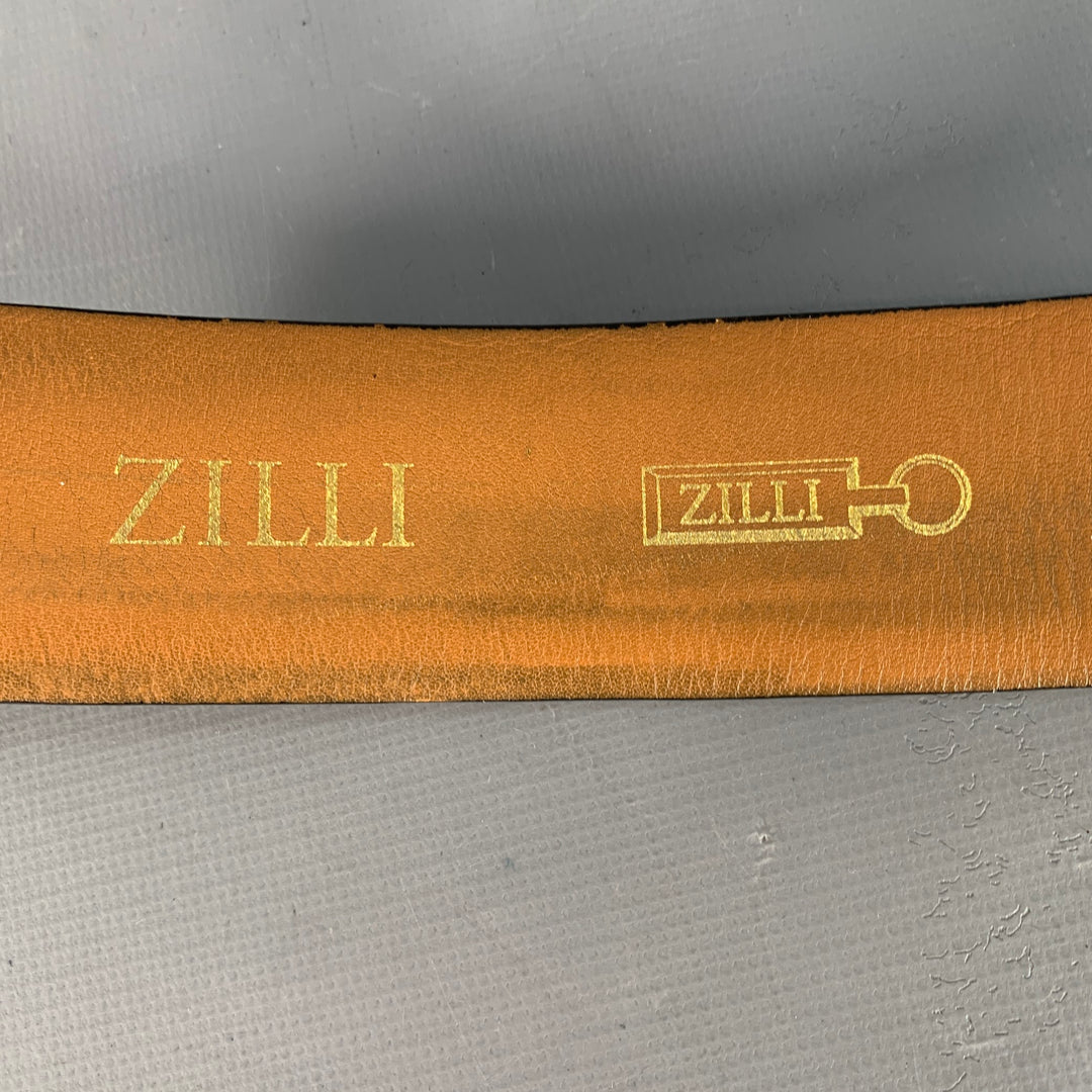 ZILLI Size 40 Black Gold Logo Leather Belt