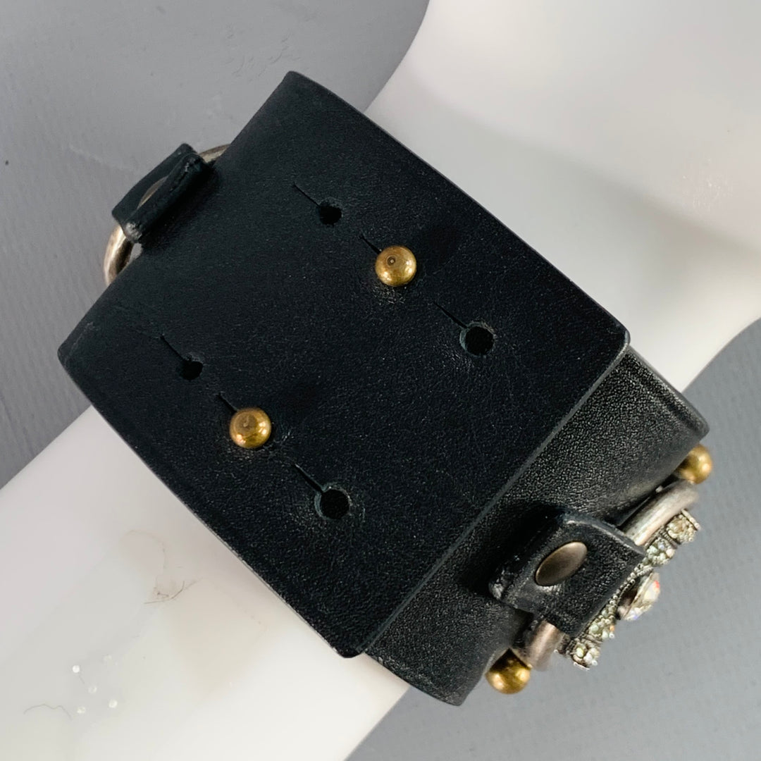 VINTAGE Black Leather Rhinestones Bow Cuff Bracelet