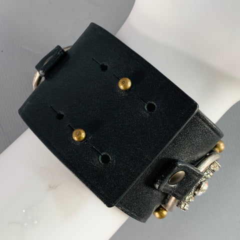 Bracelet manchette VINTAGE en cuir noir avec nœud et strass