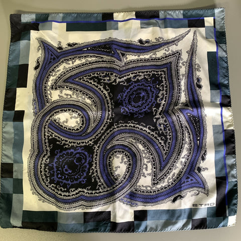 ETRO Black Blue Paisley Silk Pocket Square