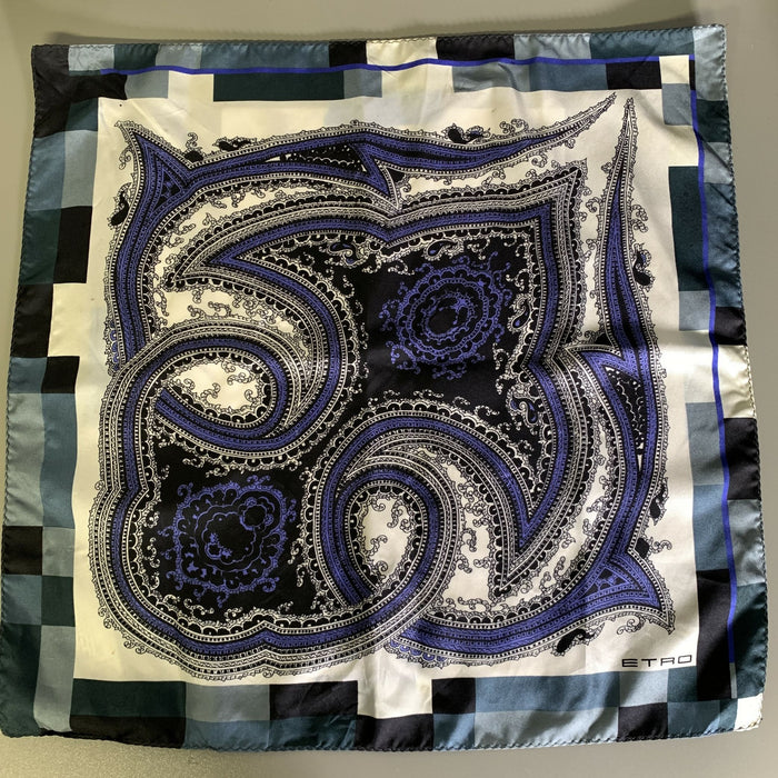 ETRO Black Blue Paisley Silk Pocket Square