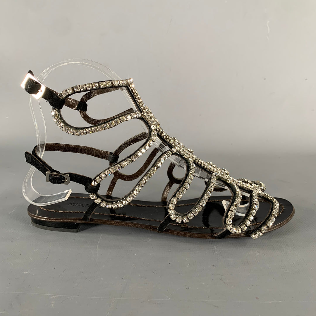 ROBERTO CAVALLI Size 7 Black Rhinestone Leather Gladiator Sandals