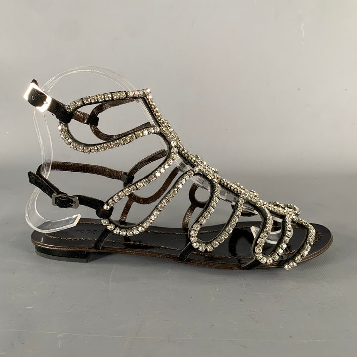 ROBERTO CAVALLI Size 7 Black Rhinestone Leather Gladiator Sandals