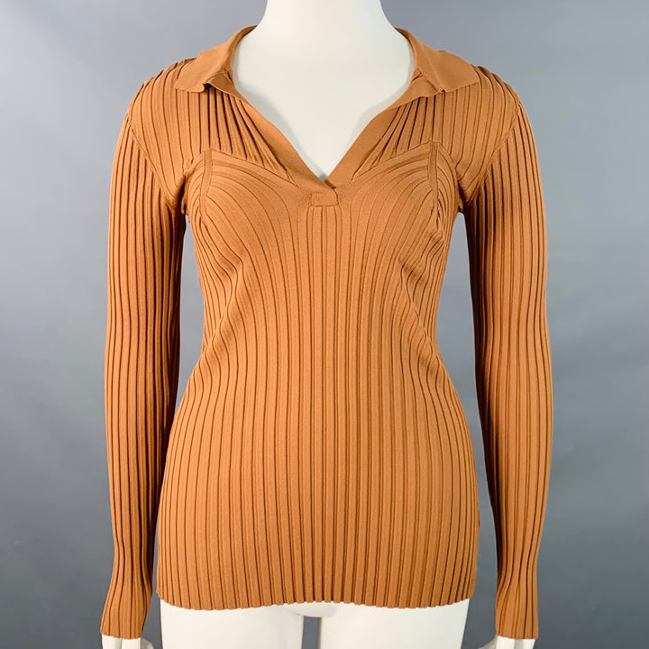 TOTEME Size L Copper Rayon Blend Rib Knit Open Collar Pullover