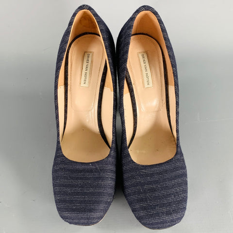 DRIES VAN NOTEN Size 7 Navy Silver Stripe Rhinestone Chunky Heel Pumps