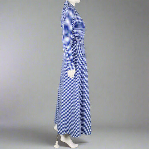 RALPH LAUREN Size 6 -Rivera- Blue White Cotton Gingham Long Sleeve Dress