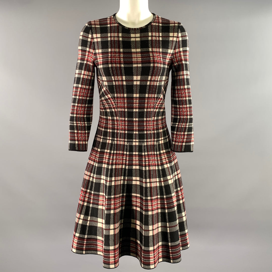ALEXANDER MCQUEEN Size S Black Red Wool Plaid 3/4 Sleeves Knee-Length Dress Sui Generis Designer Consignment ALEXANDER MCQUEEN Size S Black Red Wool Plaid 3/4 Sleeves Knee-Length Dress Sui Generis Designer Consignment