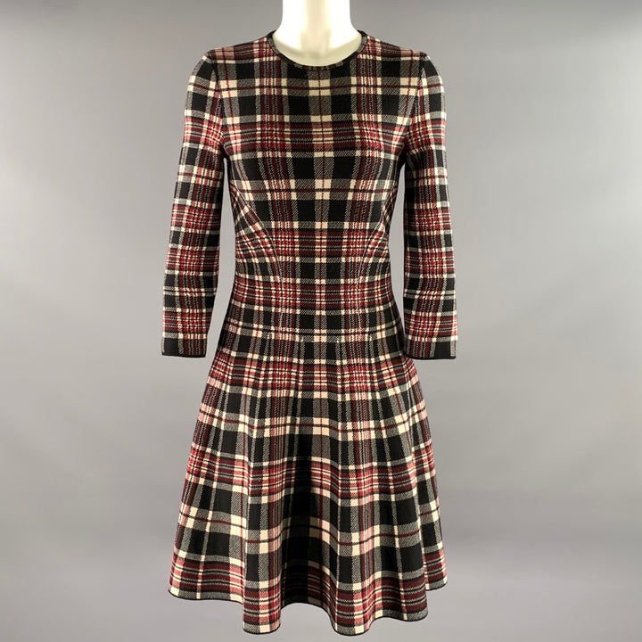 ALEXANDER MCQUEEN Size S Black Red Wool Plaid 3/4 Sleeves Knee-Length Dress