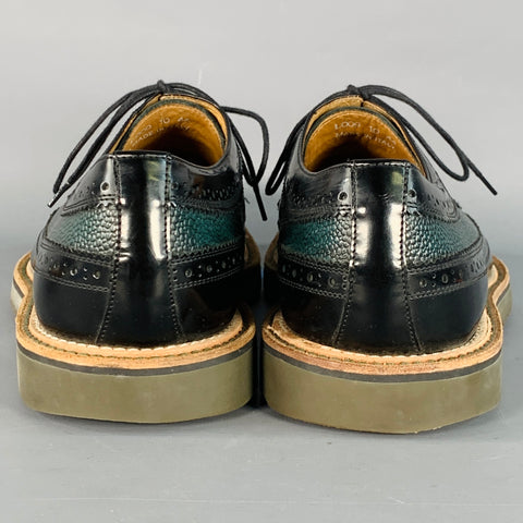 PAUL SMITH Size 10 Black Green Perforated Pebble Grain Leather Wingtip Lace-Up Shoes